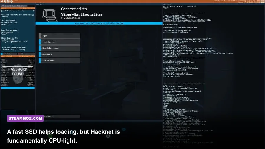 Hacknet dark terminal screen showing connected nodes and command output