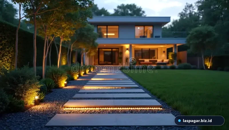 pencahayaan taman rumah minimalis modern dengan lampu LED di malam hari