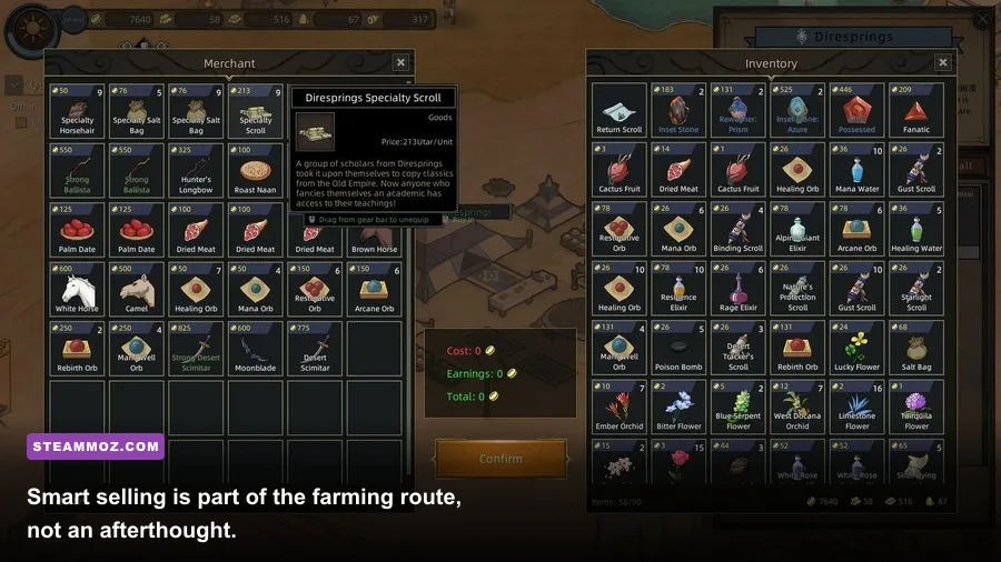 Dreamscape inventory and merchant interface showing sellable loot and gold