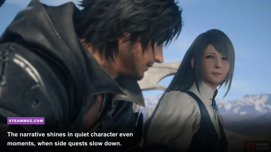 Clive and Jill talking inside the Hideaway hub in Final Fantasy 16