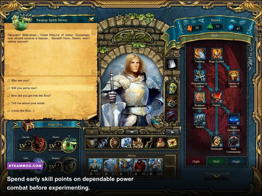 Aivar’s Might skill tree and hero progression menu in King's Bounty II