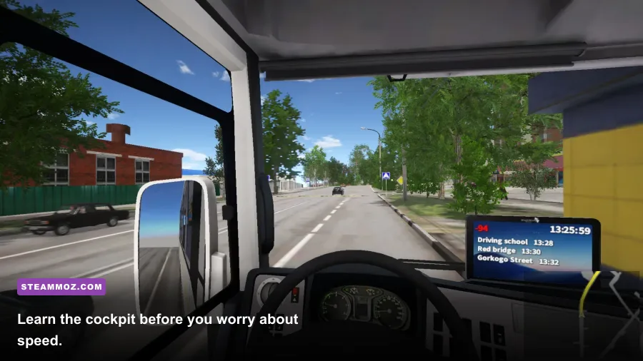 Bus Driver Simulator cockpit dashboard showing mirrors and driving controls