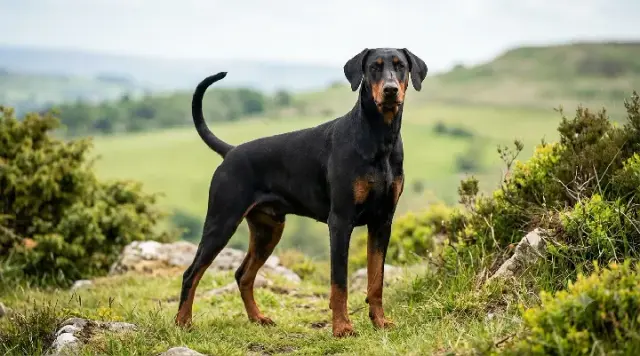 Standing Doberman Pinscher on a Grassy Hill A standing Doberman Pinscher on a grassy hill