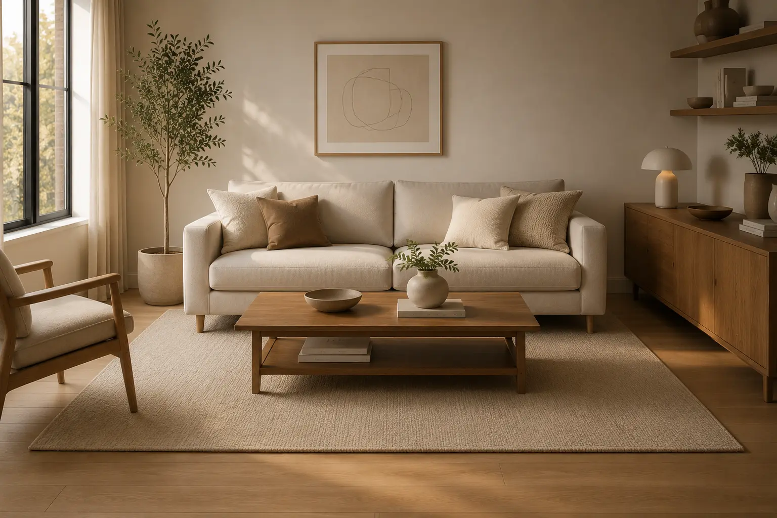 rectangular rug sized correctly under sofa and coffee table with front legs on rug