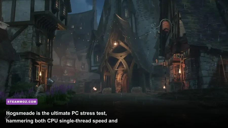 Hogsmeade village street scene in Hogwarts Legacy showing NPC density and detail