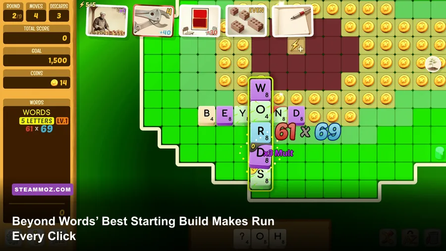 Beyond Words gameplay showing a beginner word-based build in combat