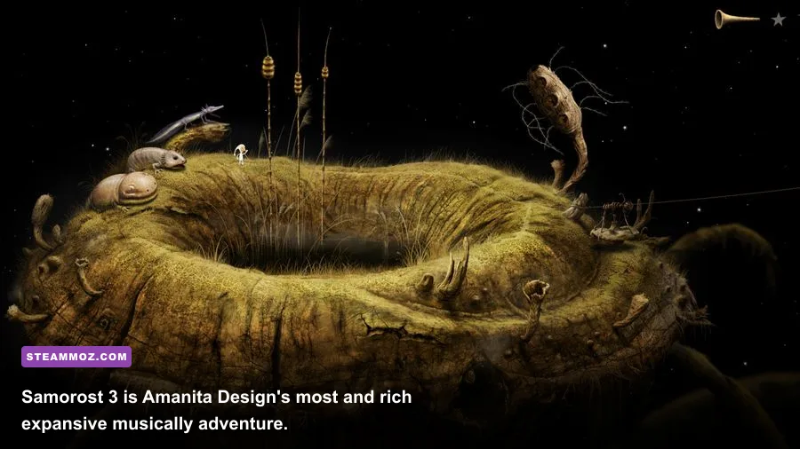 Samorost 3 gnome exploring a surreal forest planet