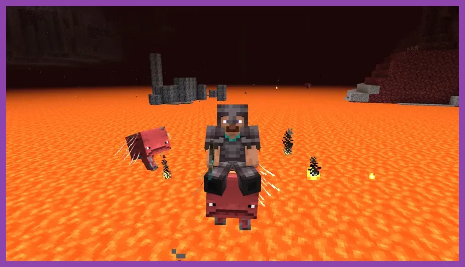 Player riding a strider across a lava lake in the Nether