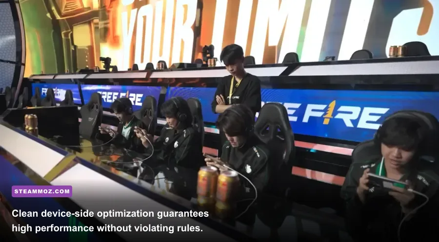 Pro mobile esports player with gaming phone and trigger attachments playing Free Fire