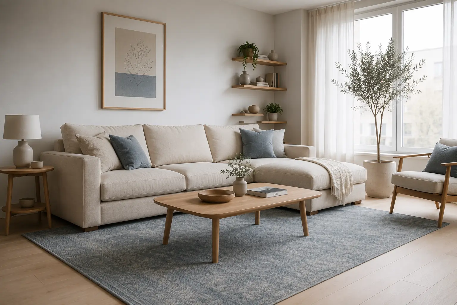 beige sofa in a living room with a muted blue area rug for soft contrast