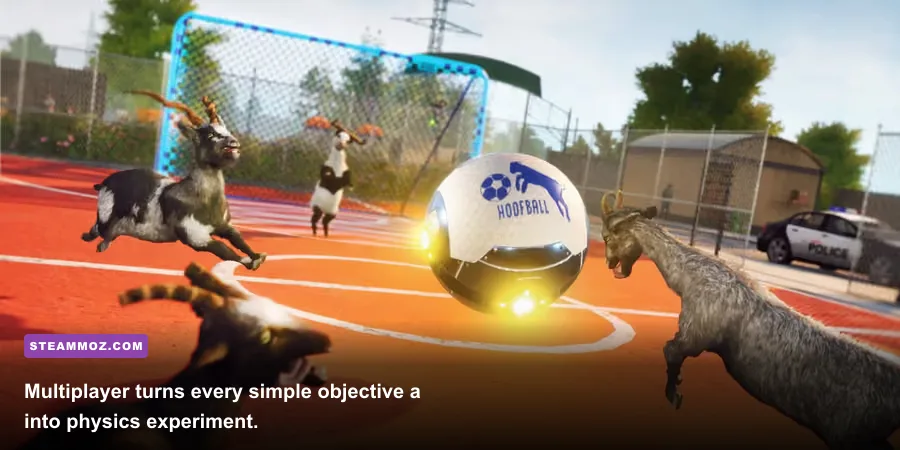 Four goats causing chaos together in Goat Simulator 3 multiplayer