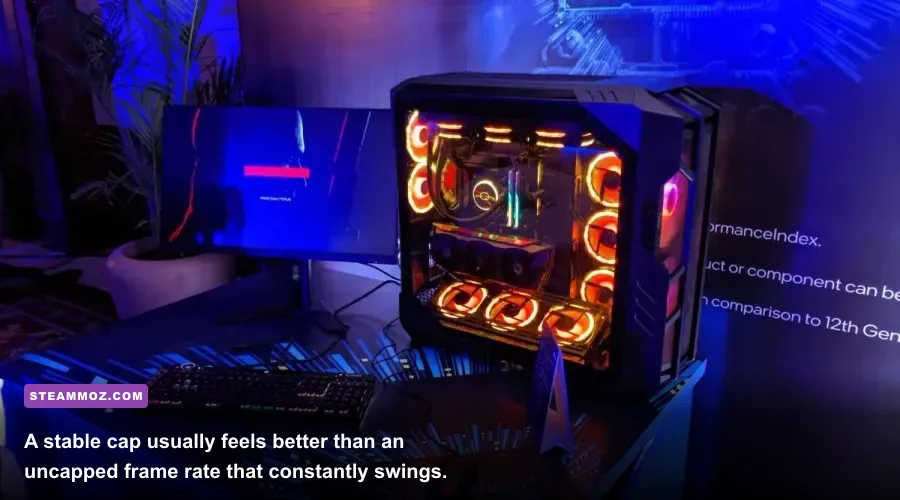 PC gaming monitor displaying stable frame pacing with an FPS cap matched to refresh rate