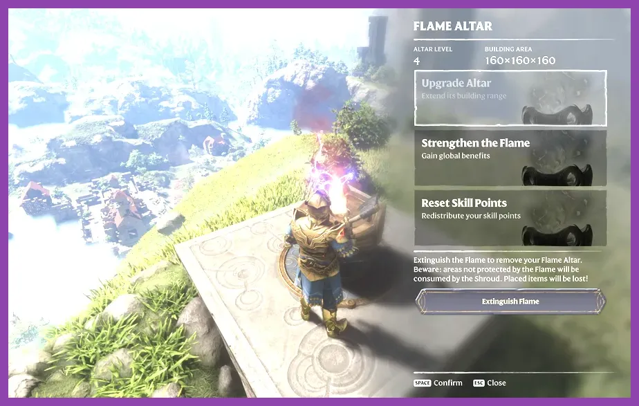 Flame Altar upgrade screen showing Flame Level progression in Enshrouded