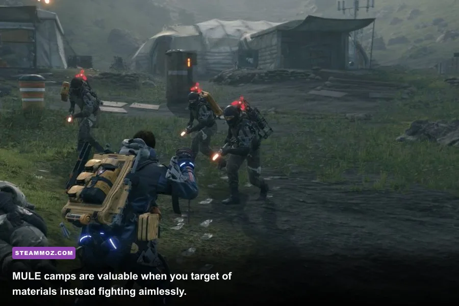 Sam Bridges raids a Mule camp in Death Stranding Director’s Cut to collect materials