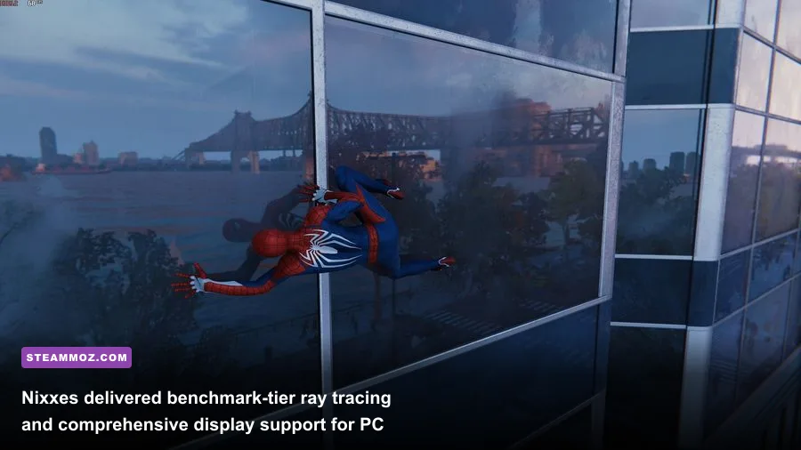 High fidelity ray-traced reflections on Manhattan office buildings in Spider-Man PC