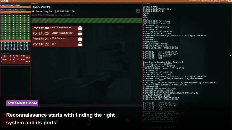 Hacknet gameplay showing the nmap scan and databanks command