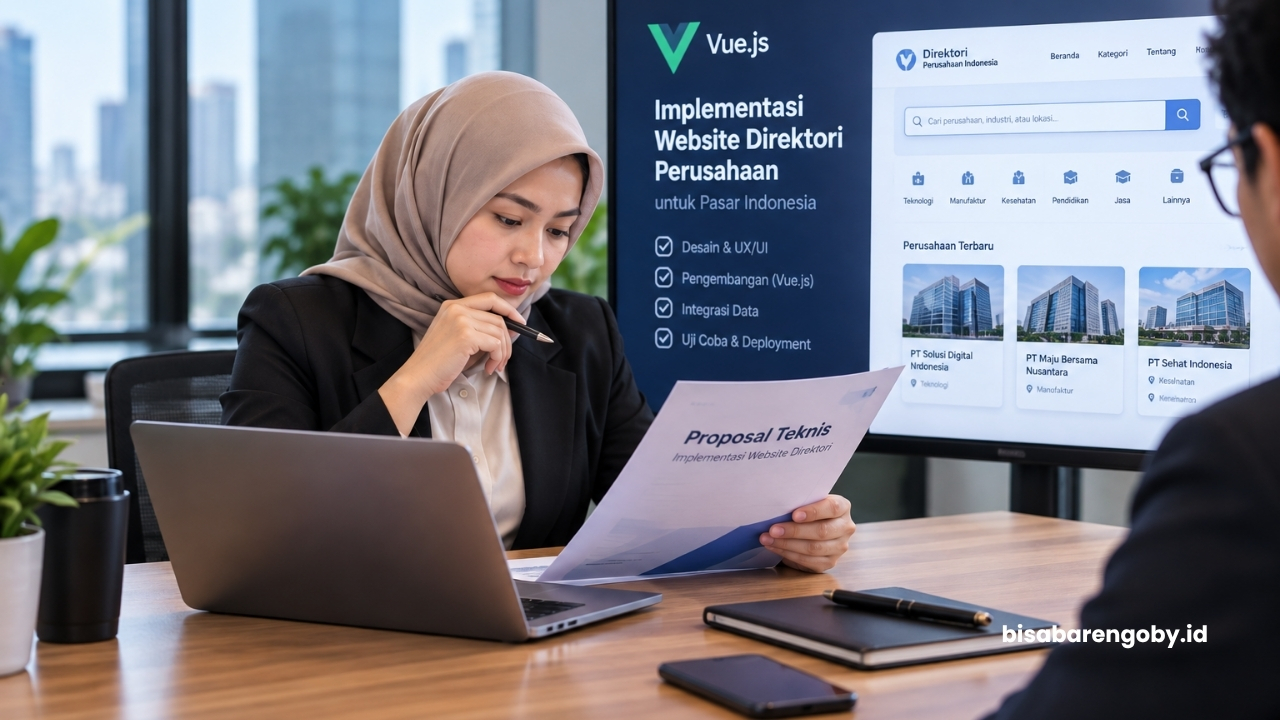 Manajer pengadaan meninjau proposal teknis saat merencanakan implementasi website direktori untuk perusahaan di Indonesia berbasis Vue