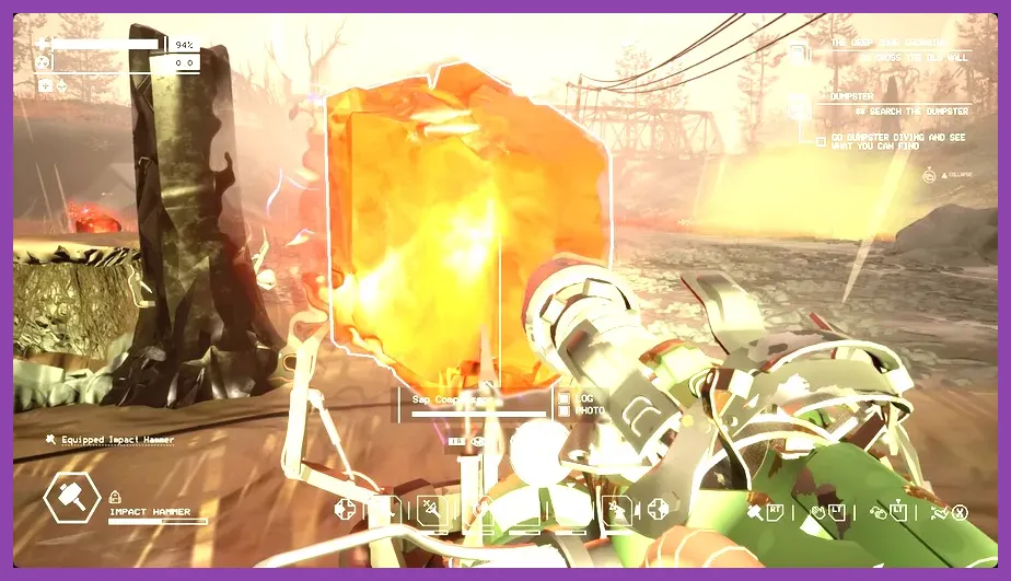 Player using an Impact Hammer to harvest Thermosap Crystals from ARDA equipment