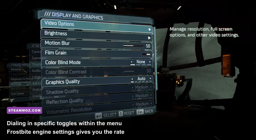 The in-game graphics settings display menu within Dead Space Remake on PC