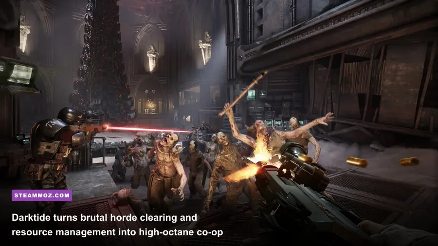 A squad fighting off a chaos horde in Warhammer 40000 Darktide Tertium hive city