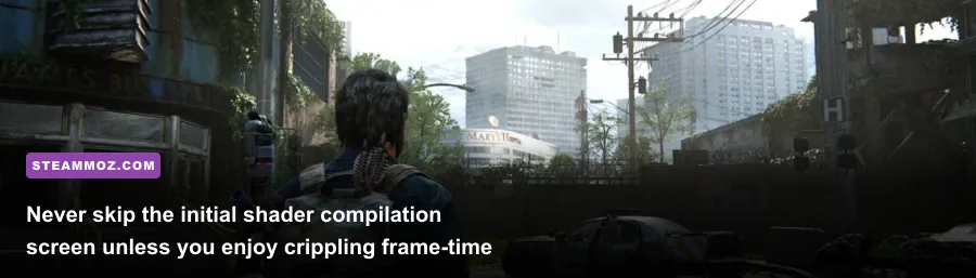 The Last of Us Part I PC main menu showing the shader compilation progress percentage