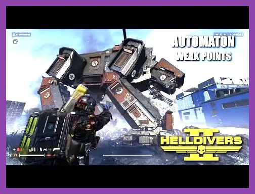 Helldivers squad taking cover while firing heavy explosive weapons at an Automaton Hulk