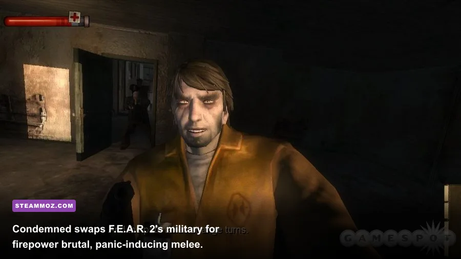 Ethan Thomas holding a metal weapon in a dark abandoned building in Condemned Criminal Origins