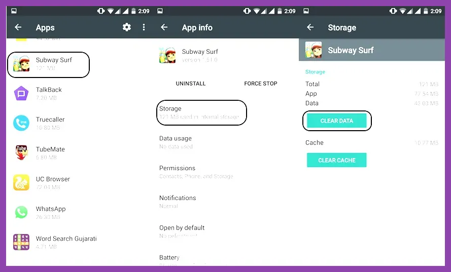 Android system settings showing clear app data option for Subway Surfers