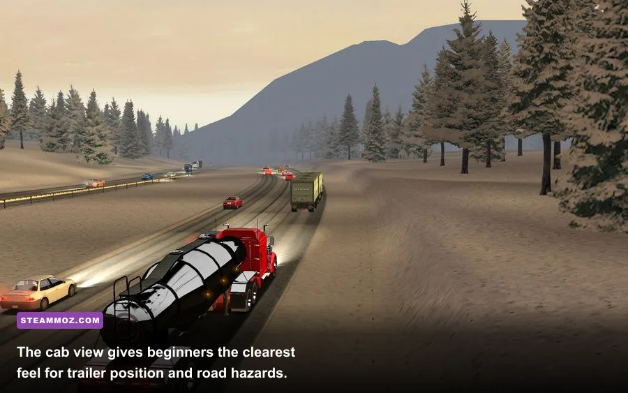 18 Wheels of Steel Extreme Trucker beginner truck cab and dashboard view