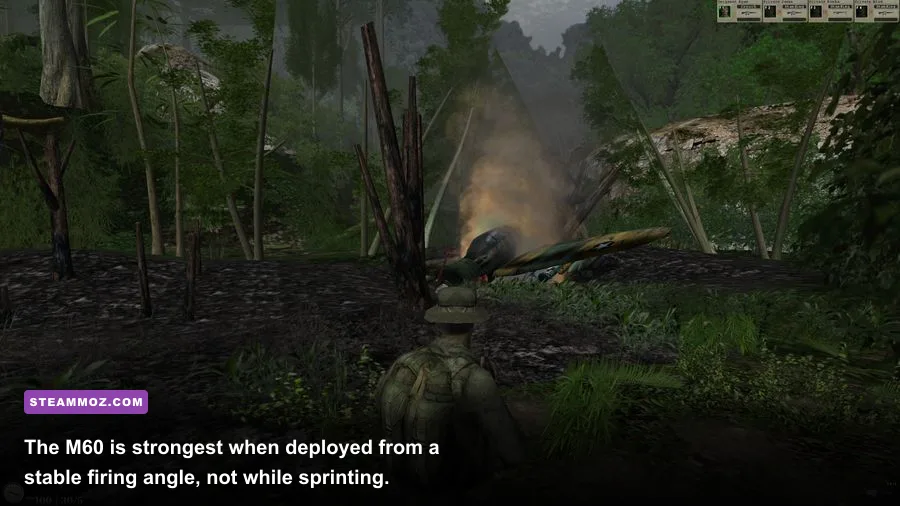 Elite Warriors Vietnam machine gunner using an M60 from a defensive position