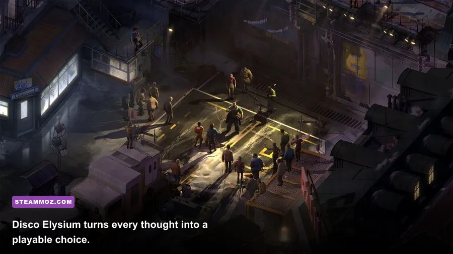 Disco Elysium detective investigating a case in Revachol