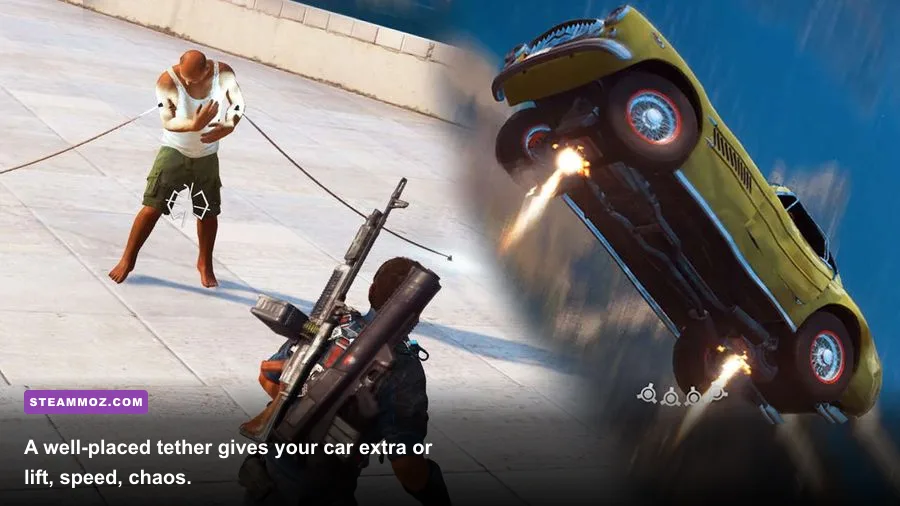 Just Cause 3 sports car tethered to an explosive barrel with the grappling hook