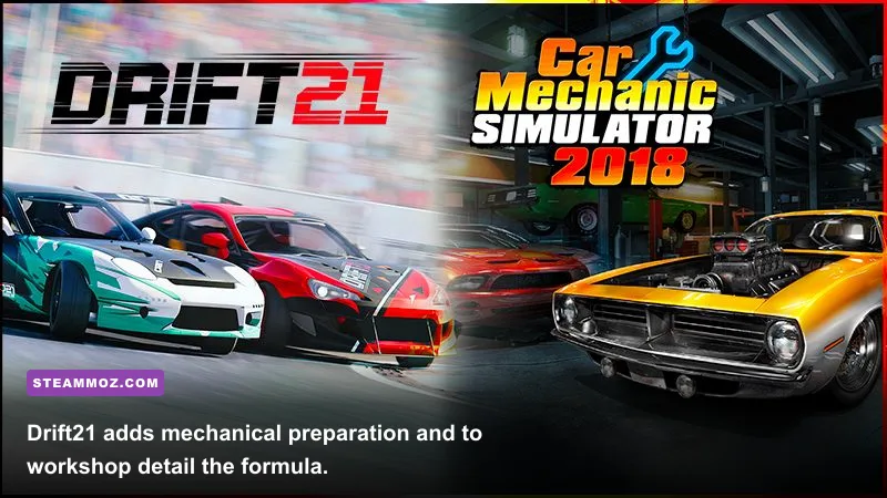 Drift21 player car being rebuilt and tuned inside a detailed workshop