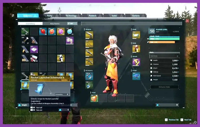 Weapon Assembly Line II screen showing Legendary Rocket Launcher crafting requirements