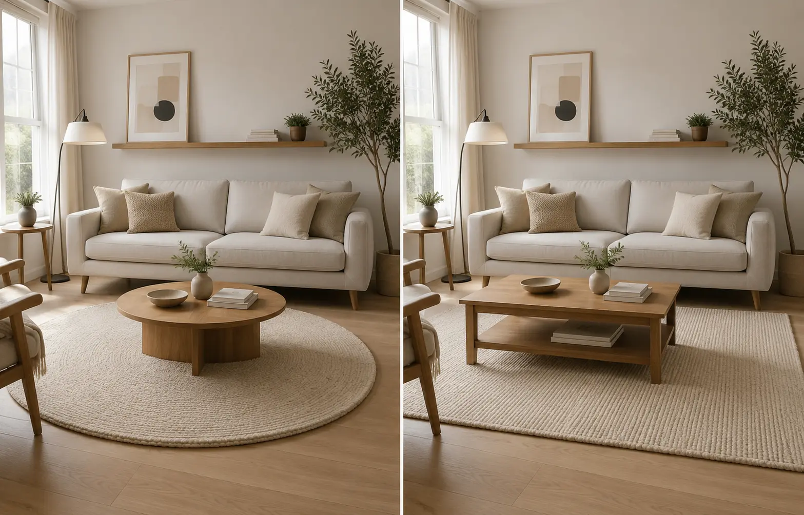living room with round rug and living room with rectangular rug side by side comparison