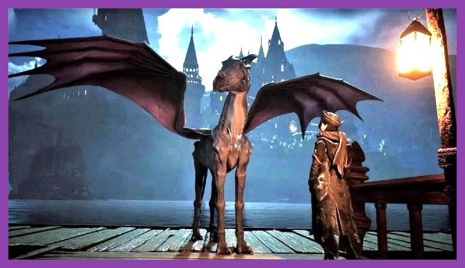 A player soaring across the Hogwarts Legacy night sky on a gothic Thestral mount