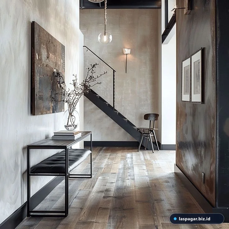 Karakteristik desain interior foyer industrial dengan standing pot besi ruang tamu