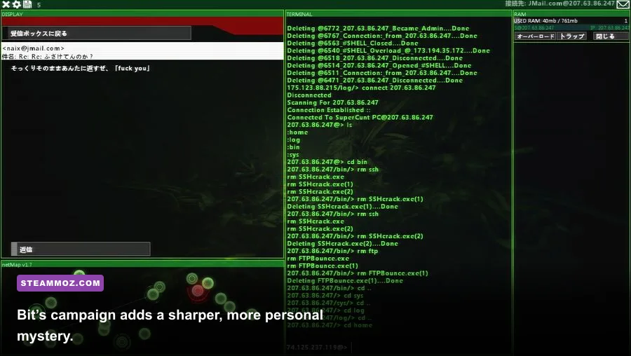 Hacknet Bit mission with command-line hacking tools on screen