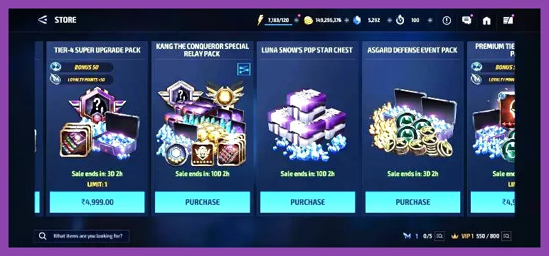 Marvel Future Fight event shop and token exchange interface