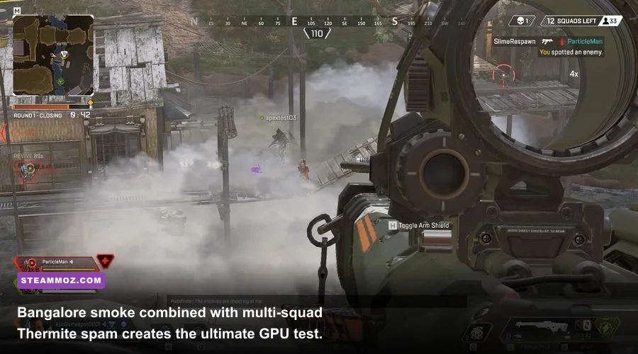 Intense firefight in Apex Legends featuring particle effects and smoke