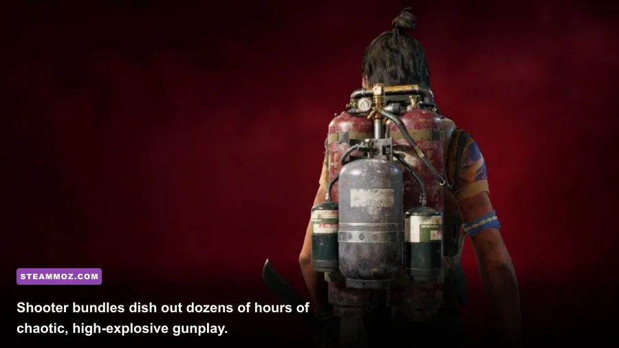 Explosive firefight in Far Cry 6 showing weapon loadouts and vibrant open world