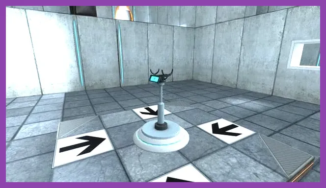 Portal player shooting orange and blue portals in a test chamber