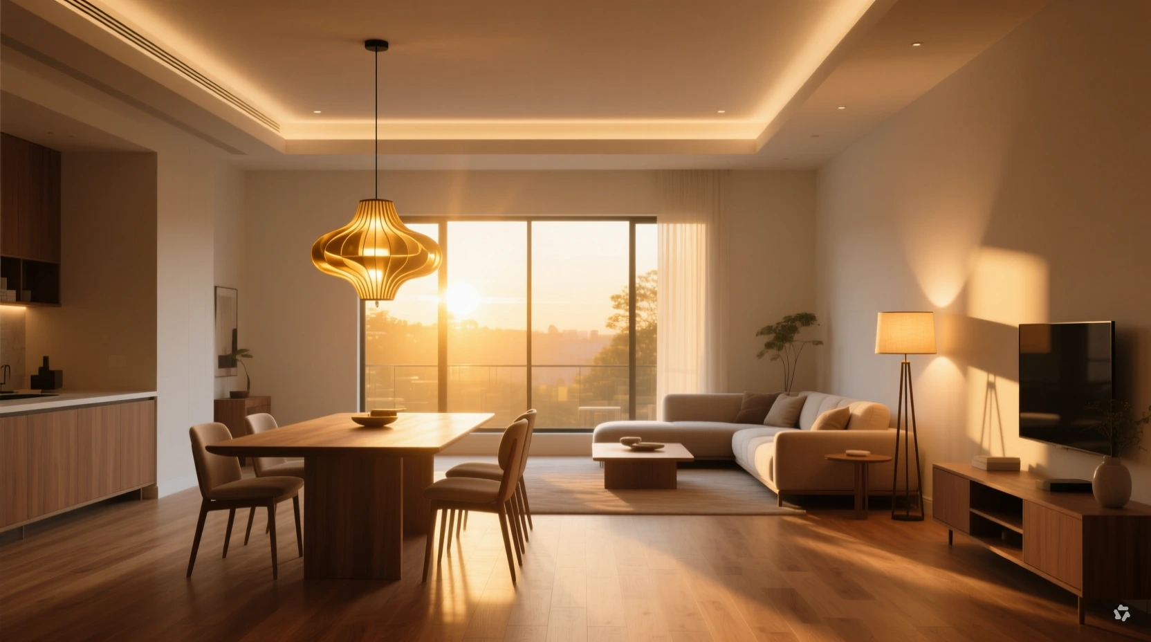 open-concept living and dining area unified with matching neutral tones and layered lighting