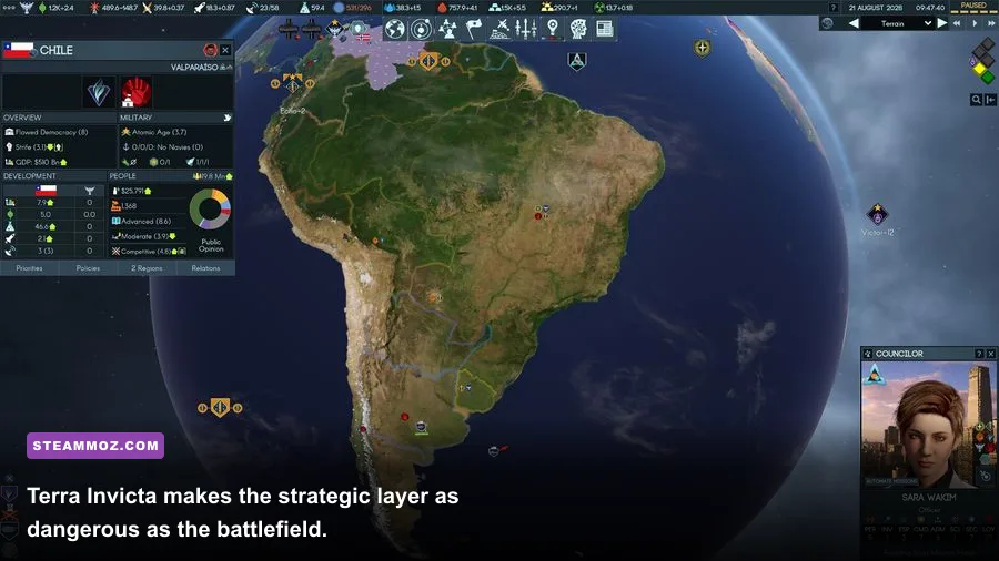 Terra Invicta showing human factions and alien activity around Earth