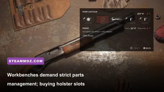 Joel upgrading weapons at an illuminated workbench in The Last of Us Part 1 PC