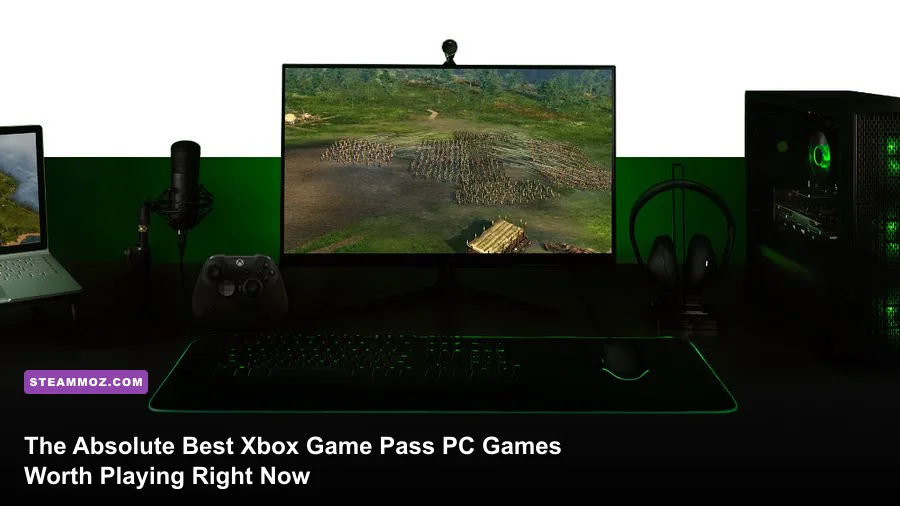 Modern high-end PC gaming setup showcasing Xbox Game Pass interface and action games