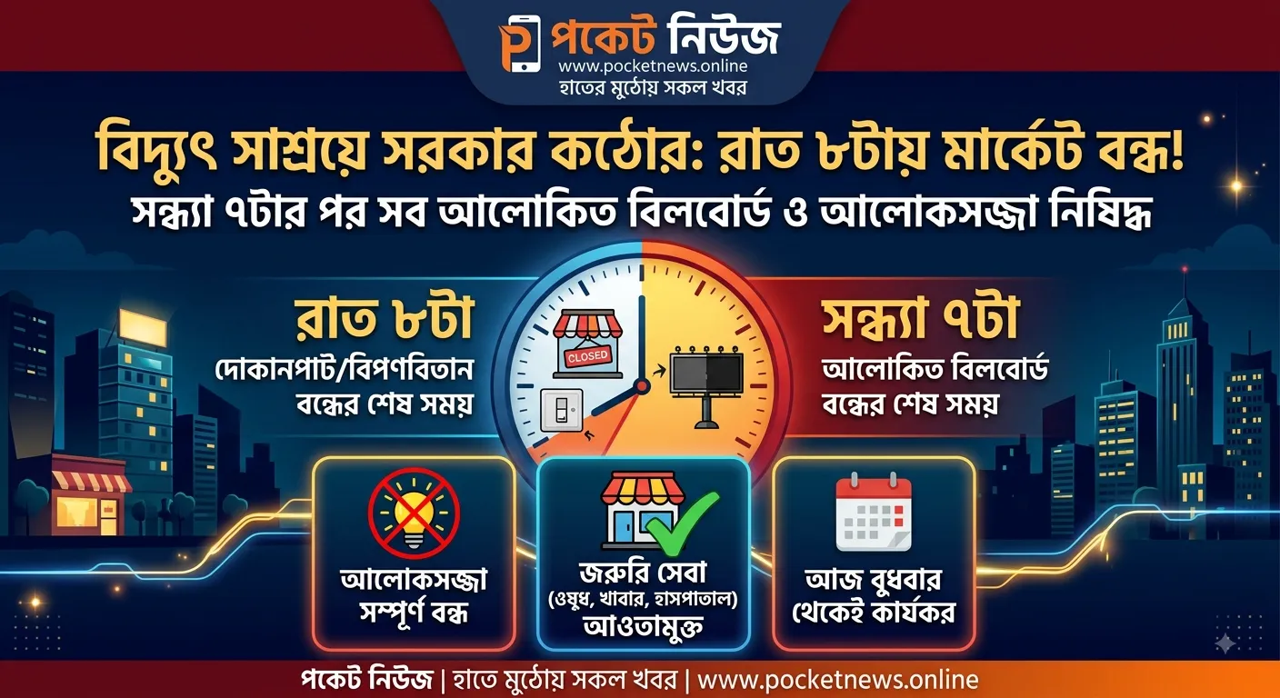 বিদ্যুৎ সাশ্রয়ে নতুন সময়সূচি: রাত ৮টার পর বন্ধ মার্কেট-দোকান, ৭টায় নিভবে বিলবোর্ড বিদ্যুৎ সাশ্রয়ে নতুন সময়সূচি: রাত ৮টার পর বন্ধ মার্কেট-দোকান, ৭টায় নিভবে বিলবোর্ড