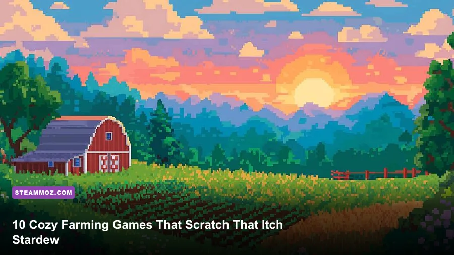 Cozy pixel art farm scene similar to Stardew Valley