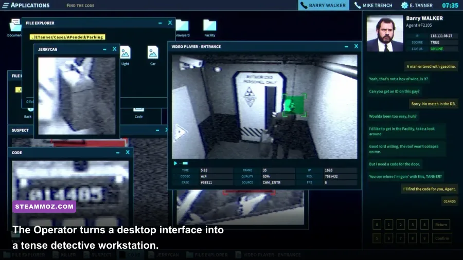 The Operator gameplay showing an FBI-style computer terminal and investigation tools