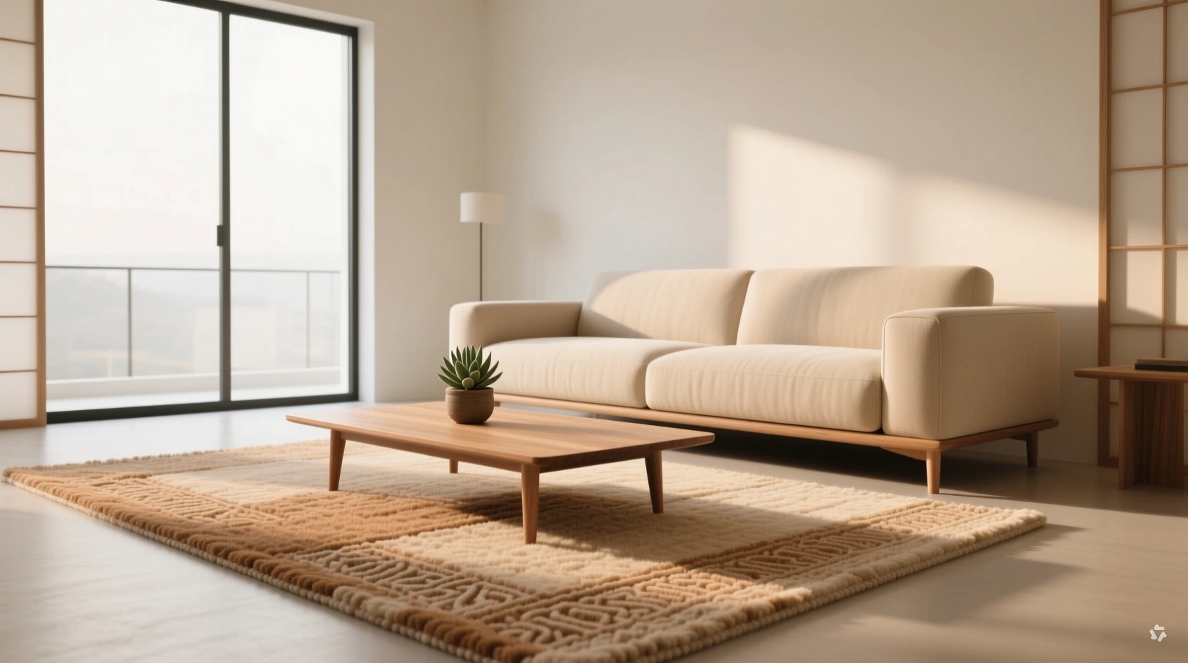 living room rug with front sofa legs resting on rug, correct rug placement example